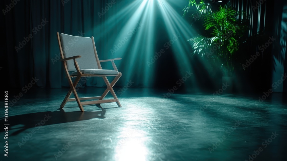 Poster in an empty room, a minimalist chair is subtly lit by soft light, evoking tranquility and simplicity