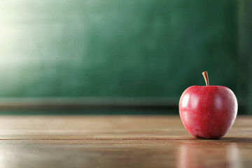 A vibrant red apple resting on a wooden table with a blurred green chalkboard in the background, symbolizing education.