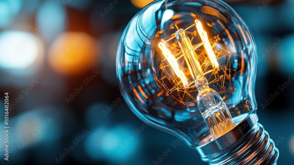 Poster an edison-style light bulb with a glowing filament webbing is captured in a sharp focus, casting a r