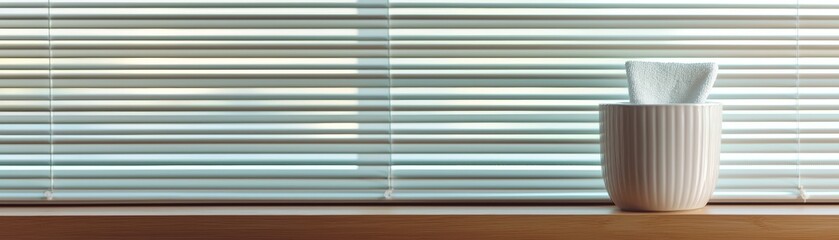 Elegant tissue box on a windowsill with blinds, soft light ambiance.