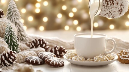 A hand pours milk into a coffee cup placed on a bed, accompanied by Christmas cookies and warm candles, creating a festive and inviting atmosphere
