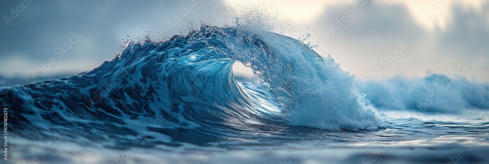 Poster dynamic wave surge, intricate foam patterns in sharp focus, vast blurred ocean backdrop, a captivati
