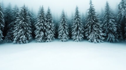 A tranquil forest setting with tall evergreen trees blanketed in snow, creating a peaceful and serene winter landscape, invoking feelings of quiet and solitude.