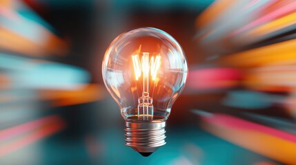 A detailed lightbulb is juxtaposed with fast-moving vibrant colors, creating the dynamic impact of innovation and energy bursting into vibrant life.