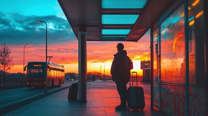 Fototapeta premium A traveler stands with luggage at a bus stop silhouetted against a vibrant sunset