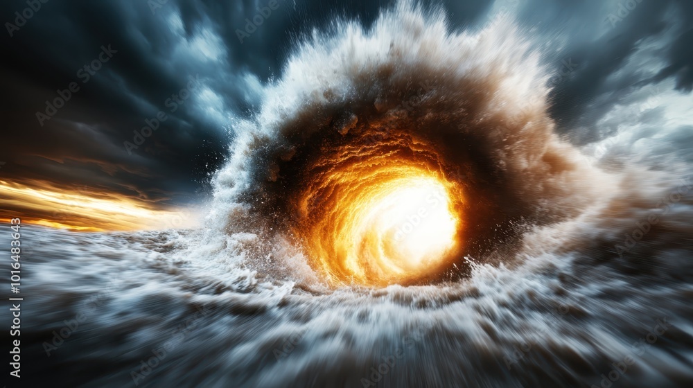 Poster an intense, stormy scene with a powerful swirling vortex and a fiery core, showcasing nature's immen