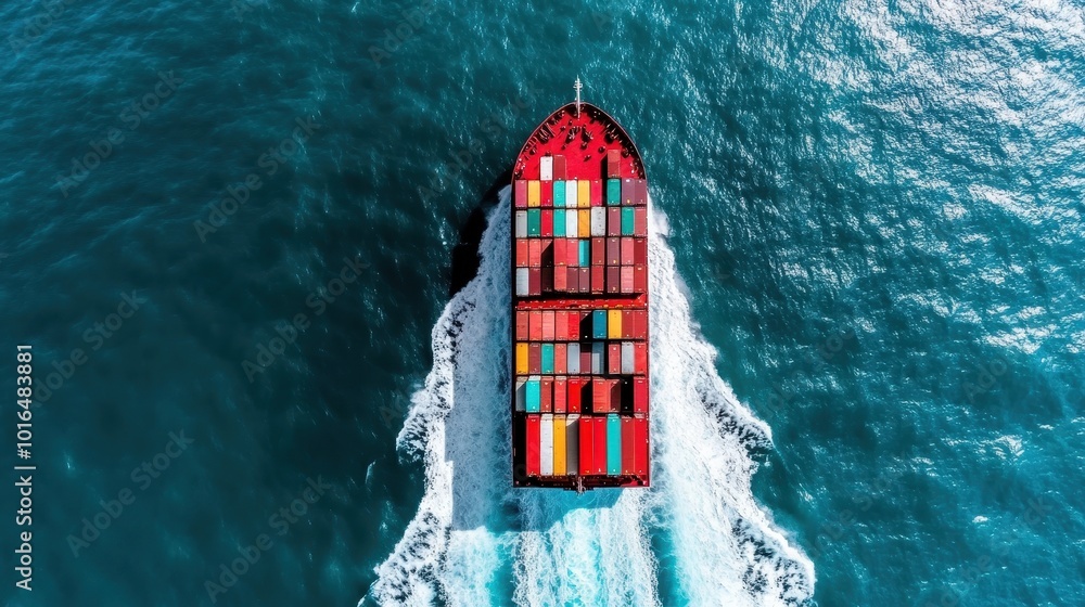 Poster aerial shot of a ship with colorful containers traversing open waters, leaving a mesmerizing pattern