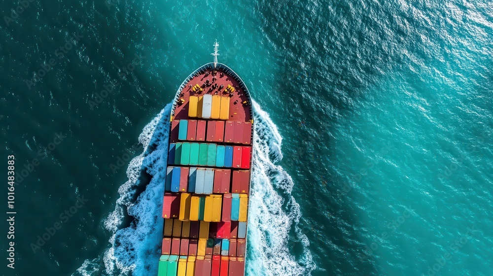 Poster a top-down capture of a colorful container ship as it journeys across the open ocean, embodying the 