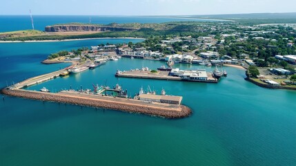Fototapeta premium Aerial view of coastal town in Darwin, Australia. Harbor with boats, pier extending into turquoise water. Rich green plants surrounds town, nestled between cliff, body of water. Clear blue sky with