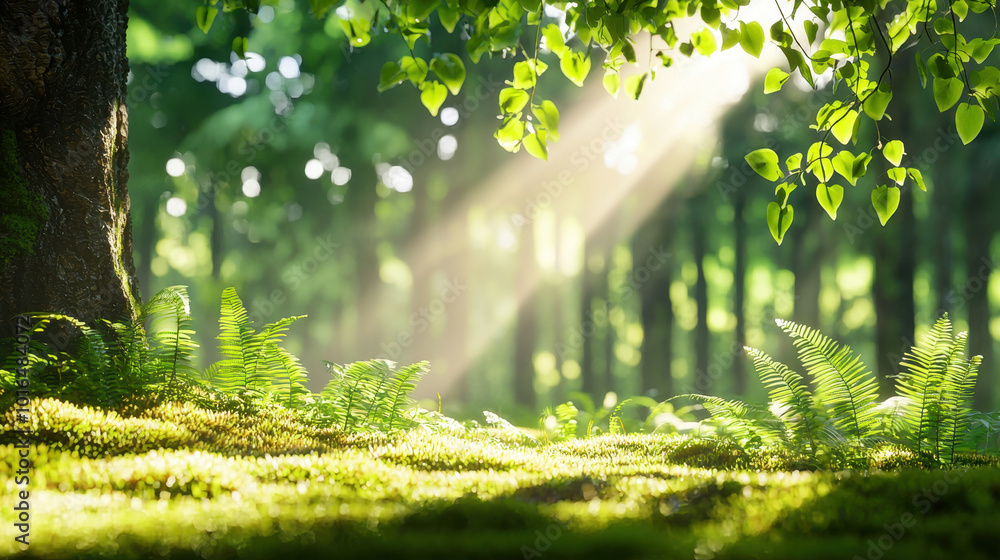 Poster sunlight filtering through lush green leaves in a serene forest setting with ferns and soft moss on 