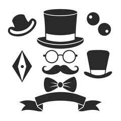 Vintage-themed gentleman icon set with mustaches, hats, bow ties, and retro accessories in silhouette style.Retro gentleman vector icon set featuring classic elements like monocles, top hats, and mus