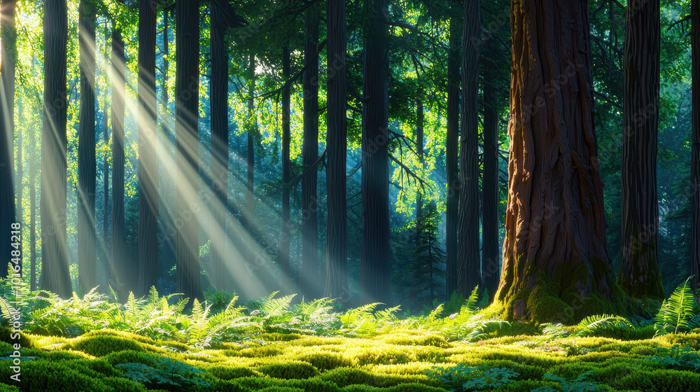 Poster lush green forest with sunlight rays filtering through tall trees and illuminating vibrant ferns on 