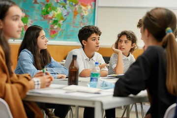 Group of students engage in lively discussion around table in classroom. Map, book, water bottle on table. Students seated on chairs, diverse backgrounds. Whiteboard, window provide learning