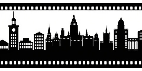 Fototapeta premium Silhouette of city skyline framed by film strip, showcasing various architectural styles and structures. This artistic representation evokes sense of creativity and cinematic inspiration