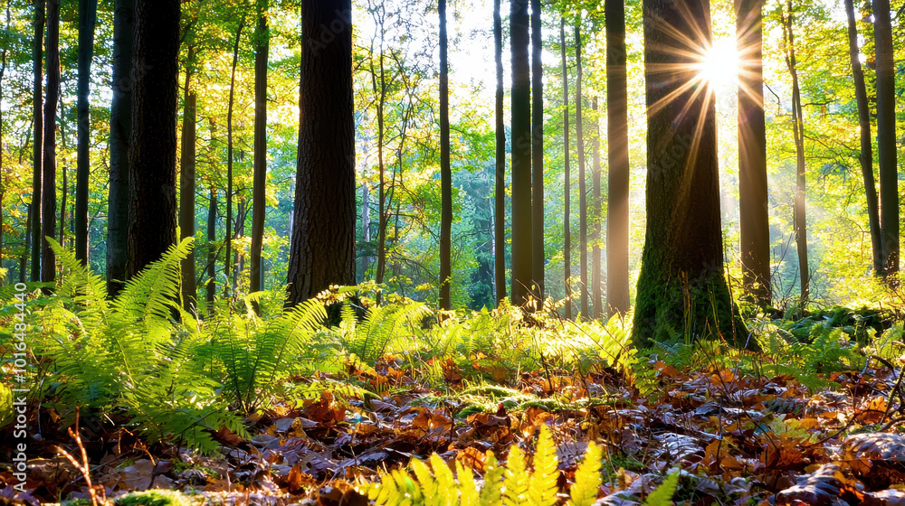 Aufkleber sunlight filtering through trees in a vibrant forest with ferns and autumn leaves, creating a serene