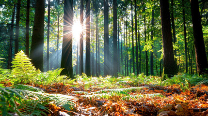 Obraz premium Sunlight filtering through tall trees in a vibrant forest, highlighting lush ferns and a picturesque natural landscape
