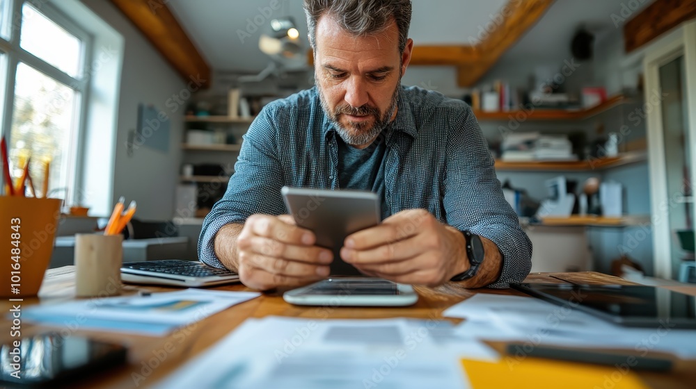 Poster a thoughtful man intensely uses a tablet while surrounded by documents and papers on a cluttered woo