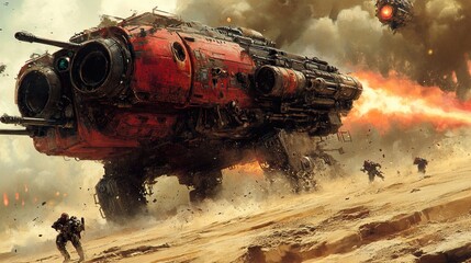 Futuristic War Scene: Spaceship Battle in a Desert Landscape