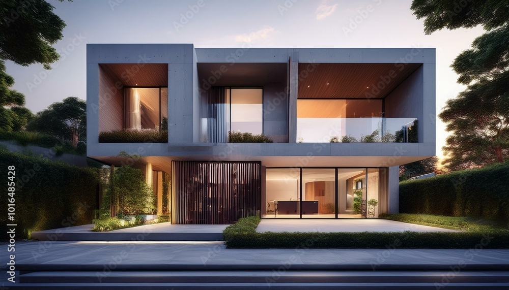 Poster front view of modern designed concrete residential house. created with generative ai technology.