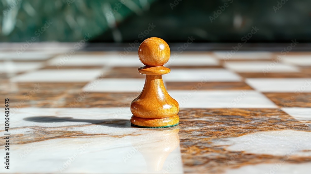 Poster a solitary wooden pawn is strategically placed on a marbled chessboard under natural light, symboliz