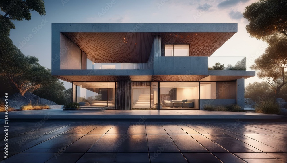 Poster front view of modern designed concrete residential house. created with generative ai technology.