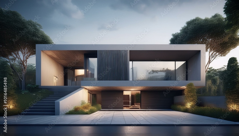 Poster front view of modern designed concrete residential house. created with generative ai technology.