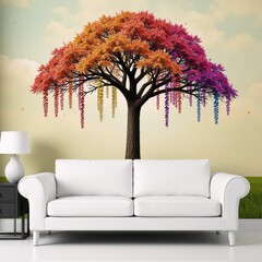 A vibrant floral tree with colorful leaves adorns an abstract 3D wallpaper suitable as a captivating indoor mural design