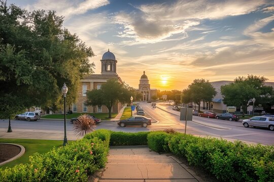 Serene street scene at sunset in Georgetown, Texas. Buildings, including church with tall dome, clock tower, stand against orange, pink sky. Rich green trees line street, cars parked along sidewalk.