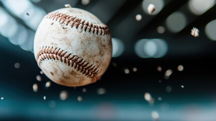A baseball is seen flying through the air with a dramatic lighting effect, surrounded by particles, giving a sense of speed and excitement, depicting a sports moment.