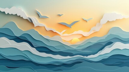 Abstract ocean waves and birds at sunrise in a paper cut-out style.