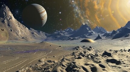 Planet seen in the distance with rocks in the foreground. Suitable for space and landscape concepts