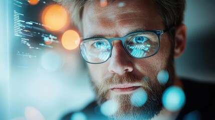 A bearded man with glasses seems deep in thought while interacting with a digital display, highlighted by bright colors and glows, denoting modern tech environment.