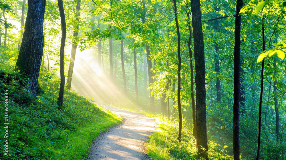 Aufkleber tranquil forest pathway illuminated by soft sunlight filtering through lush green trees creating a s