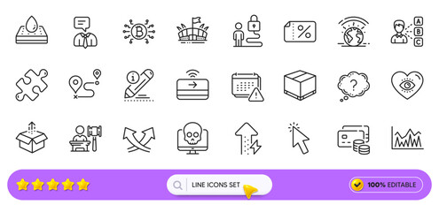 Waterproof mattress, Support service and Bitcoin system line icons for web app. Pack of Lock, Cursor, Notification pictogram icons. Edit, Opinion, Cyber attack signs. Delivery box. Search bar. Vector