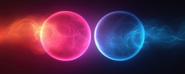 Glowing neon spheres with energy trails in dark space.