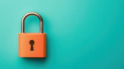 Fototapeta premium vibrant orange padlock symbolizes security and protection against vulnerabilities, set against calming turquoise background. This conveys sense of safety and reliability