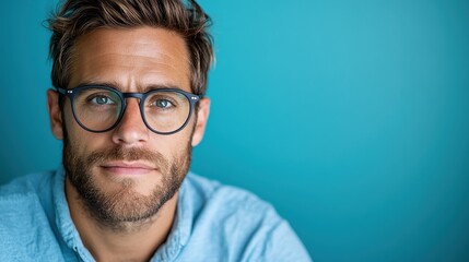 Obraz premium A thoughtful man in glasses is set against a soothing blue background, capturing his pensive glance and reflecting a blend of modernity and simplicity.