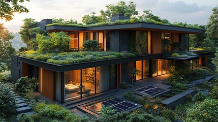 an eco friendly housing concept showcasing modern sustainable architecture,green roofs solar panels and energy efficient designs for environmentally conscious real estate development.stock image