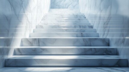 Marble staircase with natural light streaming, elegant and serene atmosphere.