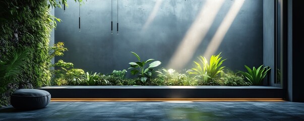 Indoor zen garden with sunlight streaming through a window.
