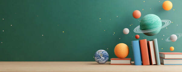 Colorful planets and books on a wooden desk against a green chalkboard, perfect for educational or innovative themes.