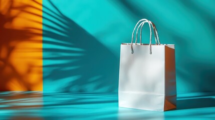 A white shopping bag stands against a lively teal and orange backdrop, with intricate shadows, conveying contrast and excitement for modern lifestyle branding.