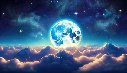 Obraz premium Night picture with bright moon above clouds at starry sky.