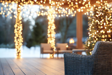 Cozy outdoor setting adorned with sparkling lights, perfect for winter gatherings and warm evenings by the fireplace.