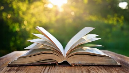 old book opened on a garden table, green background