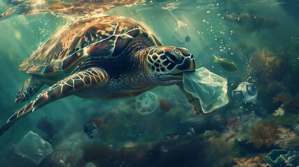 Fototapeta premium A Sea Turtle Swims Through Ocean Water While Swallowing Plastic Waste in a Coral Reef Ecosystem