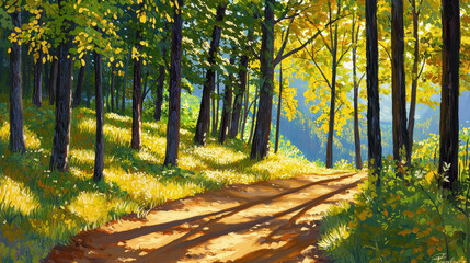 Fototapeta premium Lush forest path illuminated by sunlight filtering through vibrant green and yellow leaves, creating a serene natural landscape