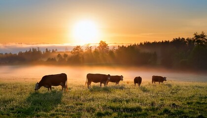 Panorama of grazing cows in a meadow with grass covered with dewdrops and morning fog, and in the background the sunrise in a small haze.
