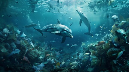 Fototapeta premium Dolphins Swimming Among Colorful Coral Reefs in a Vibrant Underwater Ecosystem