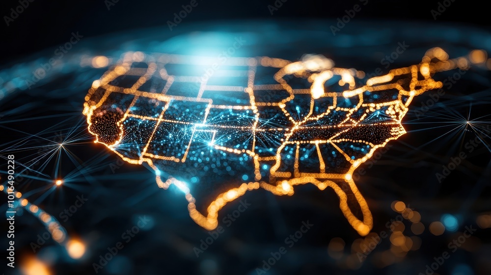 Poster an illustrated high-tech map of the usa, highlighting states with glowing data points, symbolizing c